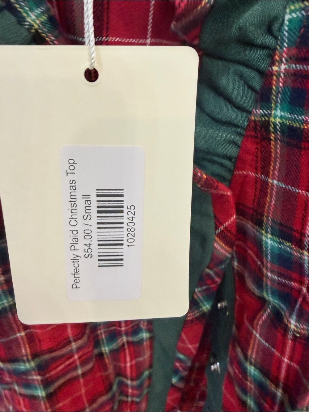 Woman’s  Red & Green Plaid Puff-Sleeve Top - Picture 2 of 2